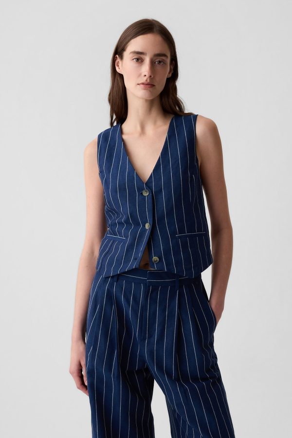 XLSHOLE180217 Navy Pinstripe Linen Cotton Waistcoat