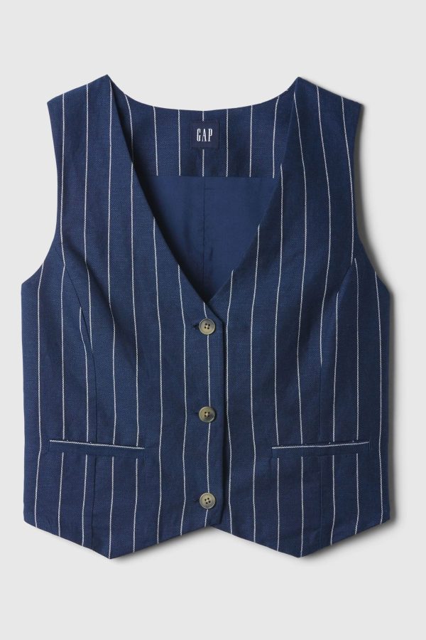 XLSHOLE180217 Navy Pinstripe Linen Cotton Waistcoat - Image 4